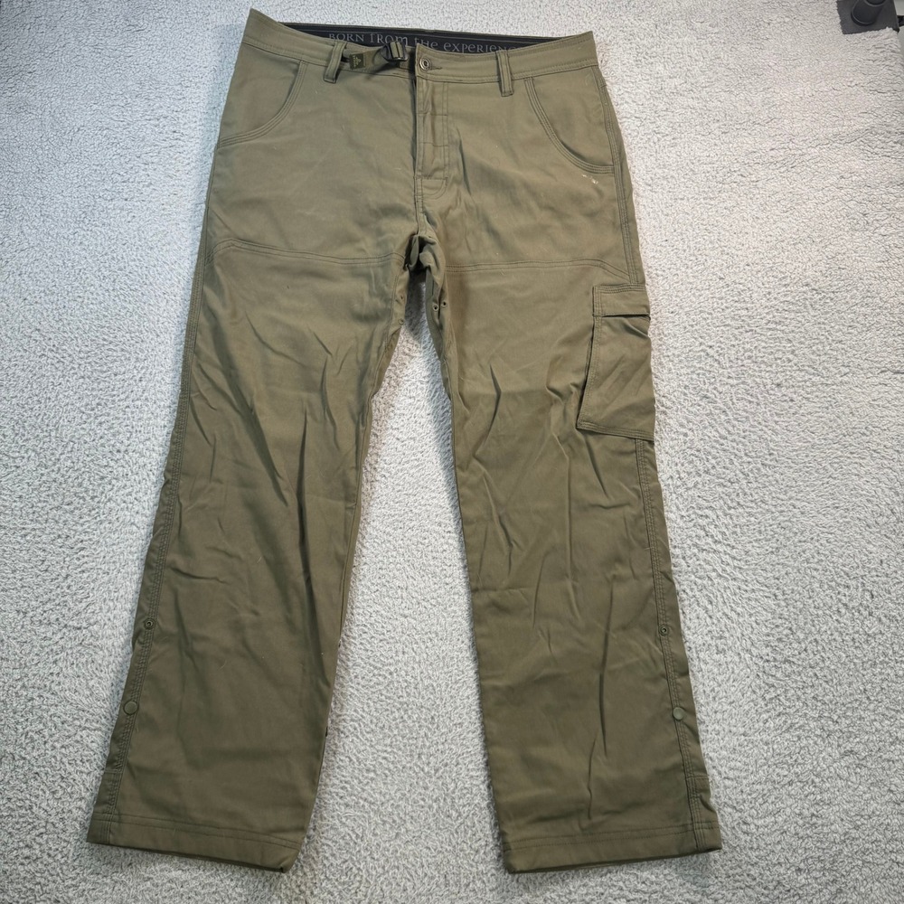 Prana Zion Cargo Pants Mens 33x28 Olive Green Stretch Hiking Outdoor Snap Cuffs